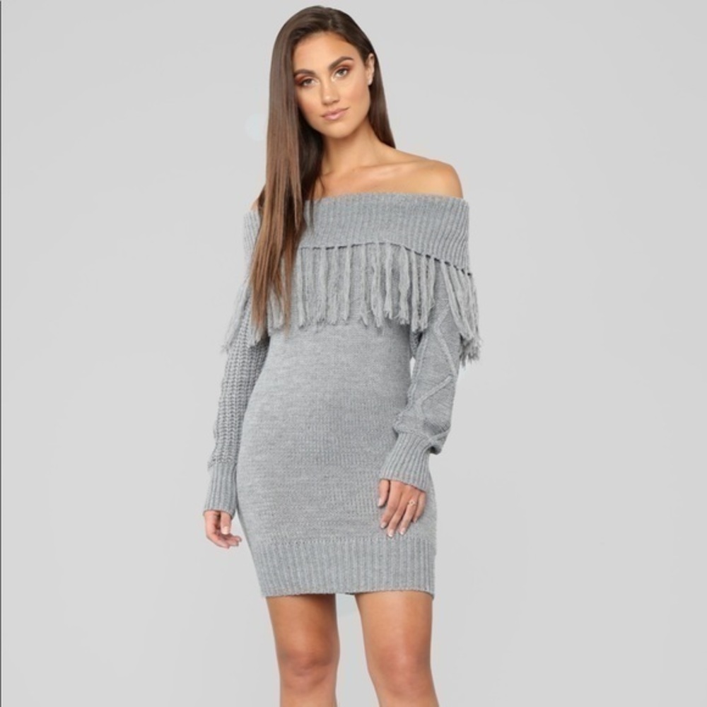 Delicate heart sweater dress - Heather grey fringe